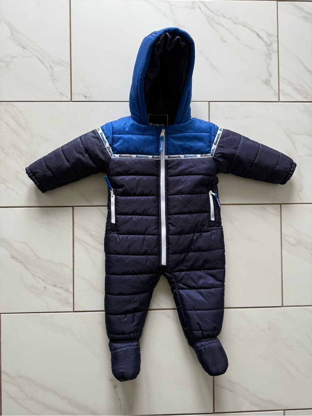 Bench Kids Navy and Blue Puffer One-Piece Snowsuit with Hood- 6-12M